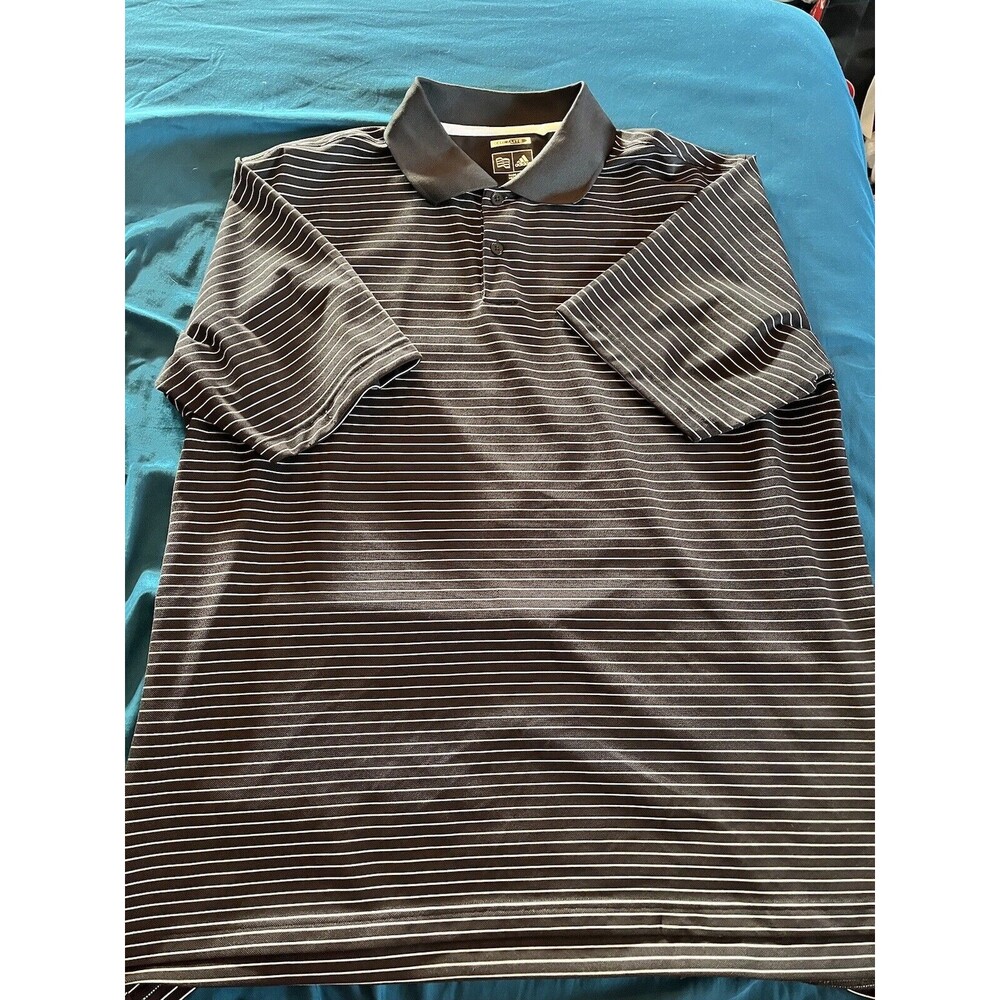 Adidas Golf Shirt Mens Large Black White Striped 3 Button Up Short Sleeve